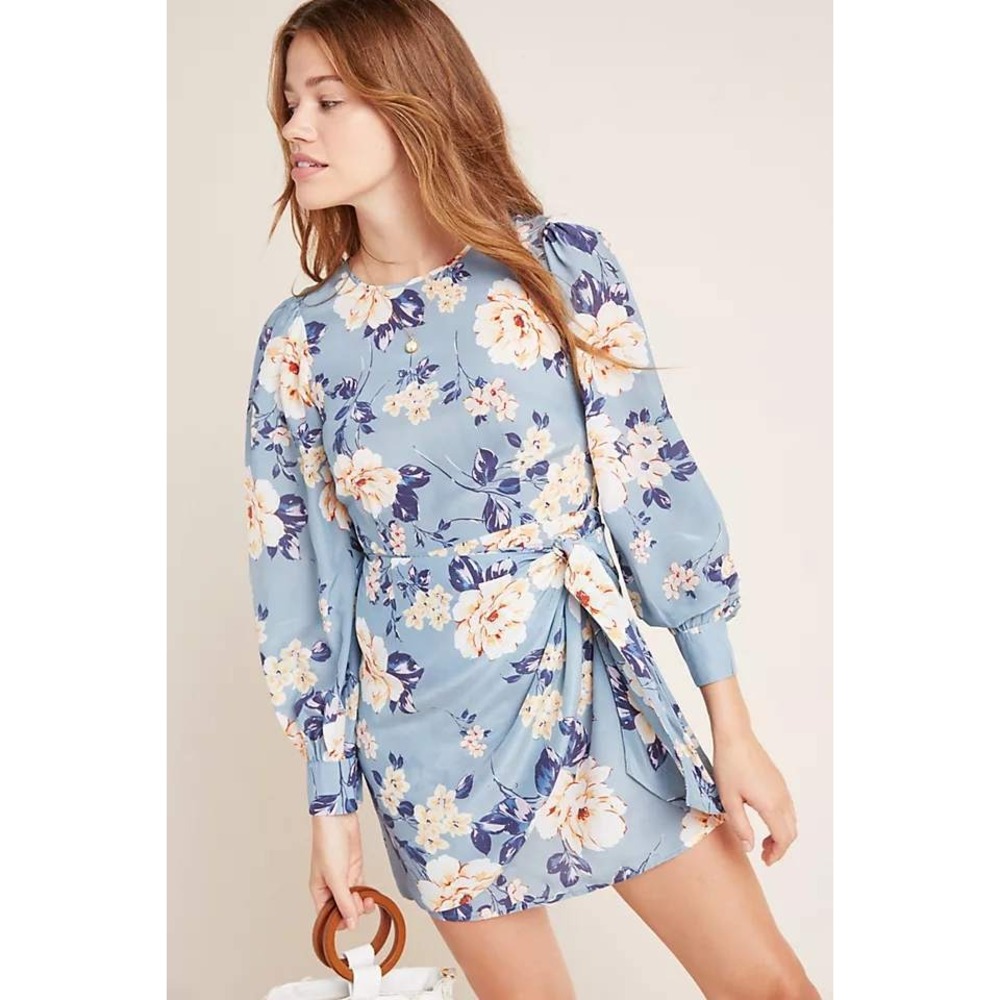 Yumi Kim Wonderland Dress Honey Rose Stone Blue Floral Silk Blend Mini Dress S